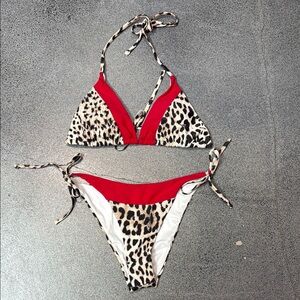 Leopard Print Bikini with Red Accents Large